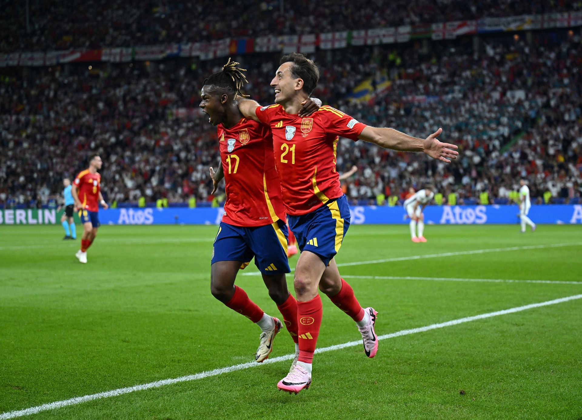 Nico Williams (left) celebrates his goal in the Euro 2024 final.